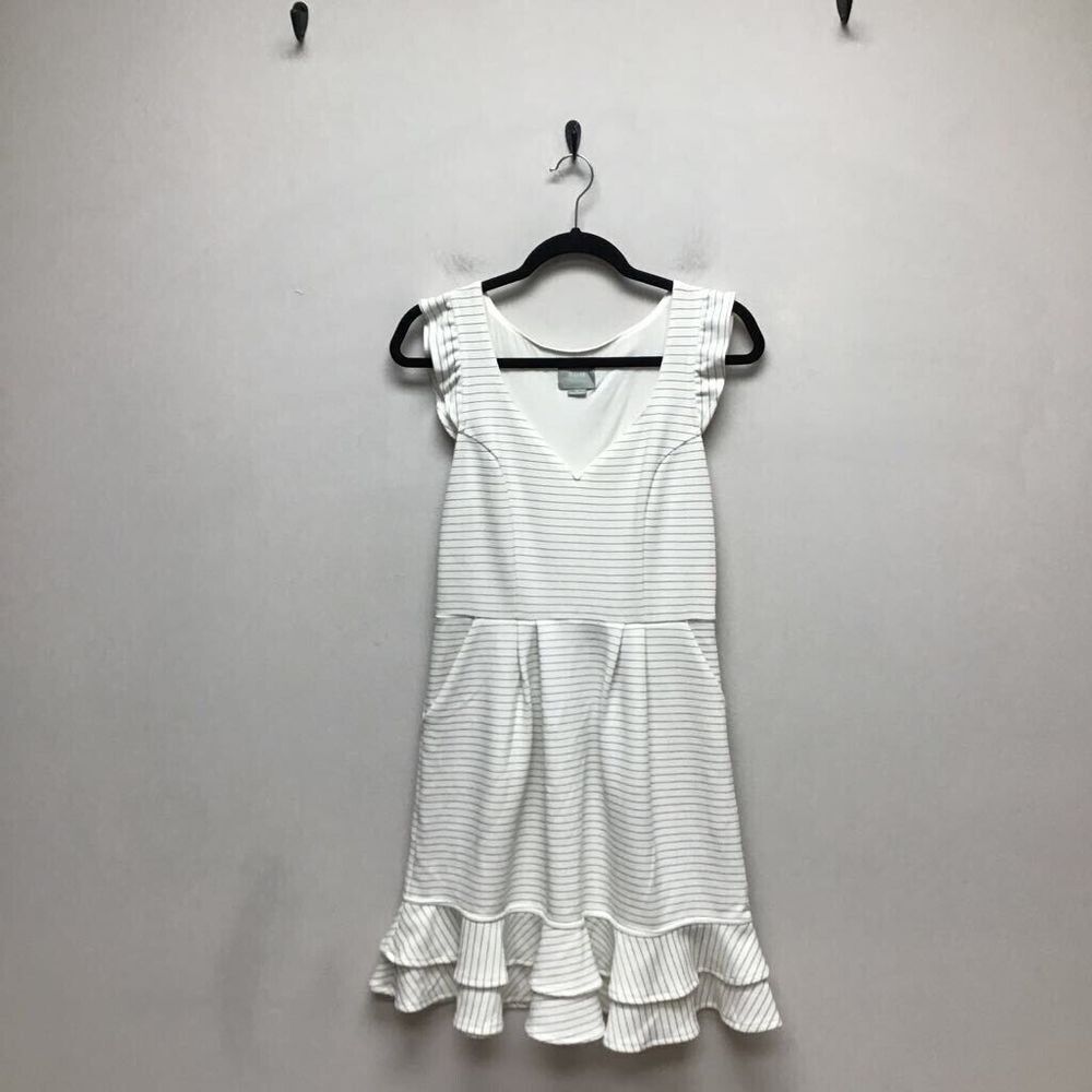 Maeve Womens Sunland Fit & Flare Dress Ivory Stripe Stretch V Neck Cap Sleeve 8